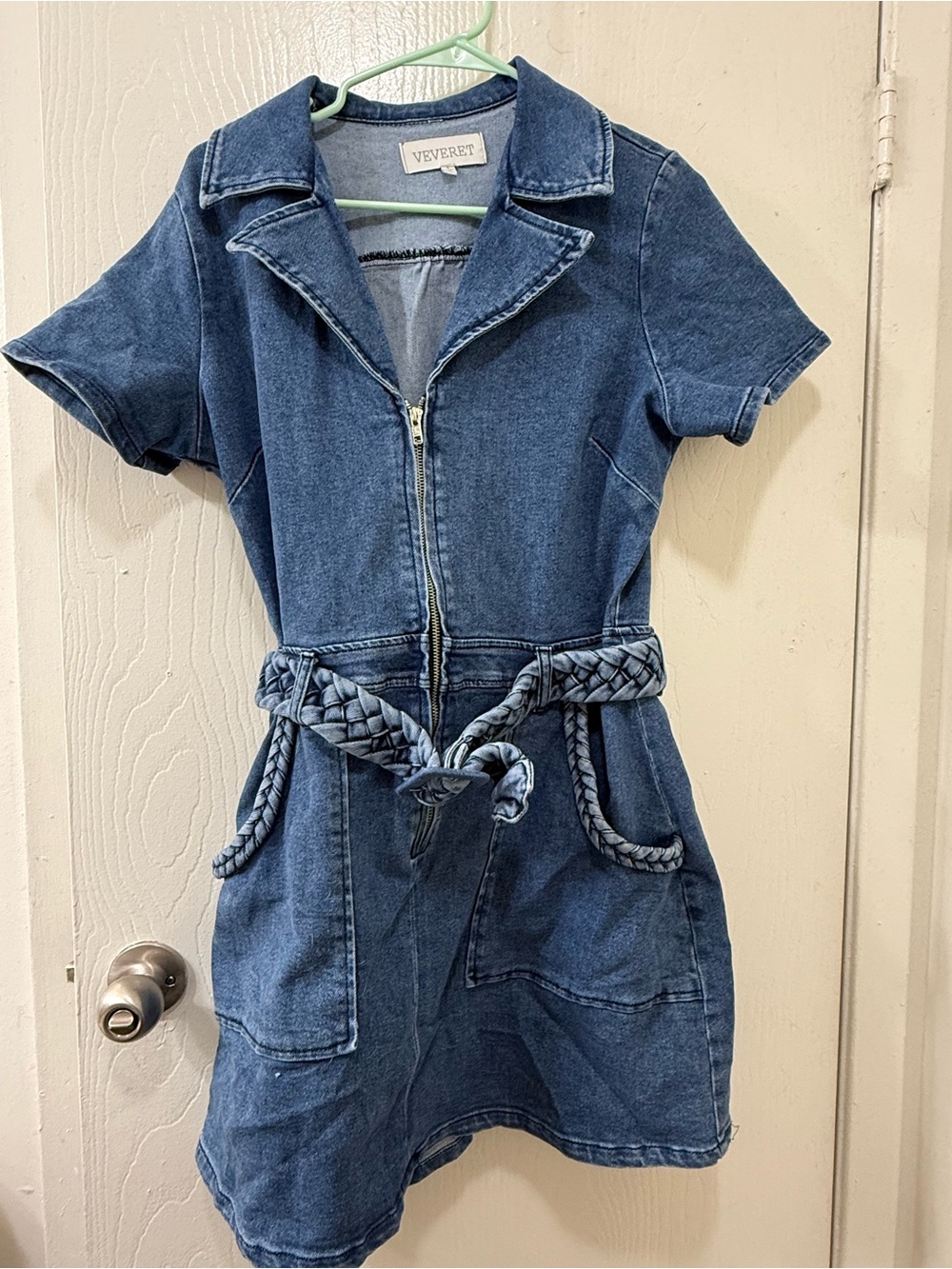 Denim Zip-Front Short Sleeve Dress in Blue
